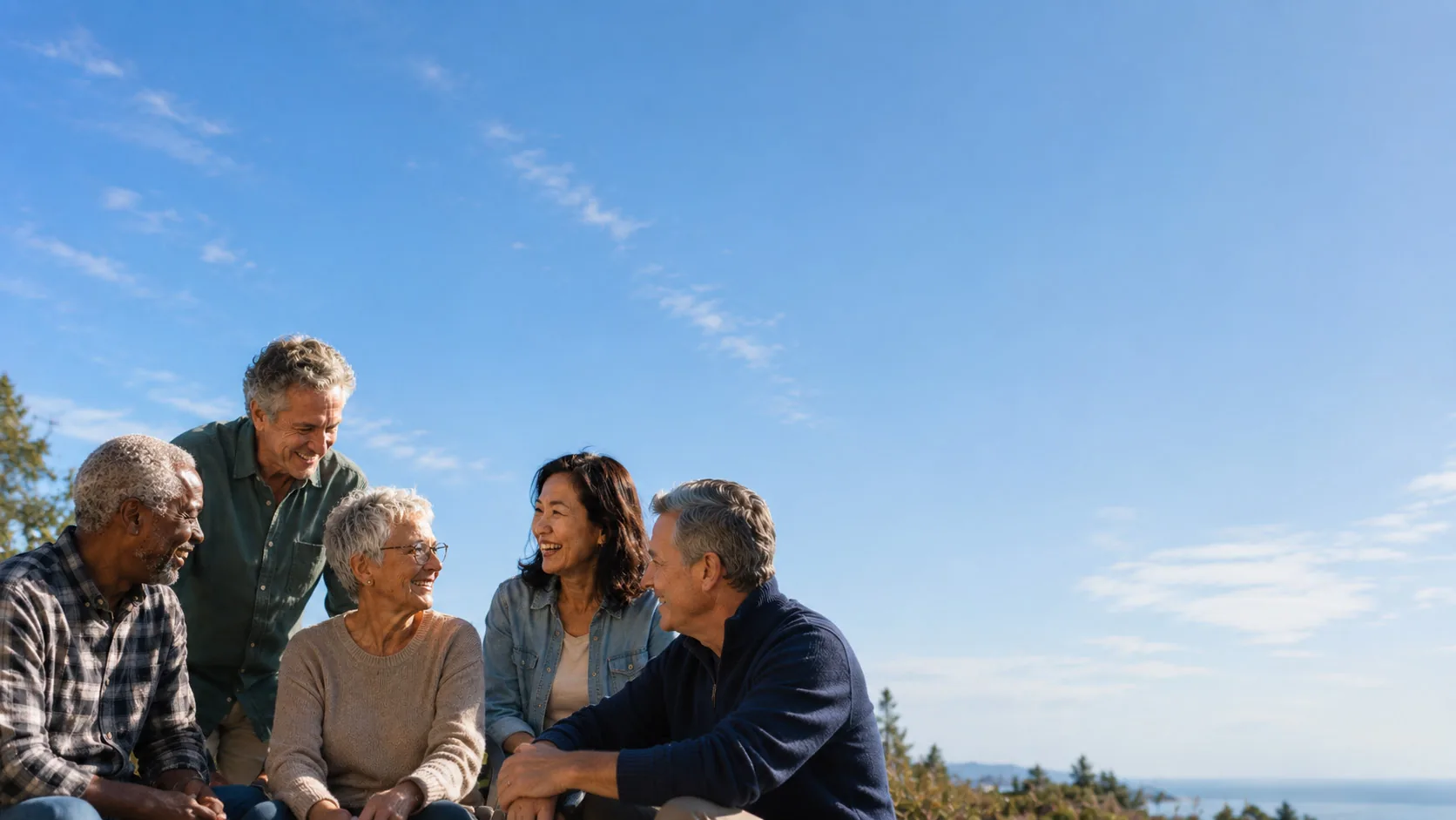 A diverse group of older adults smiling outdoors